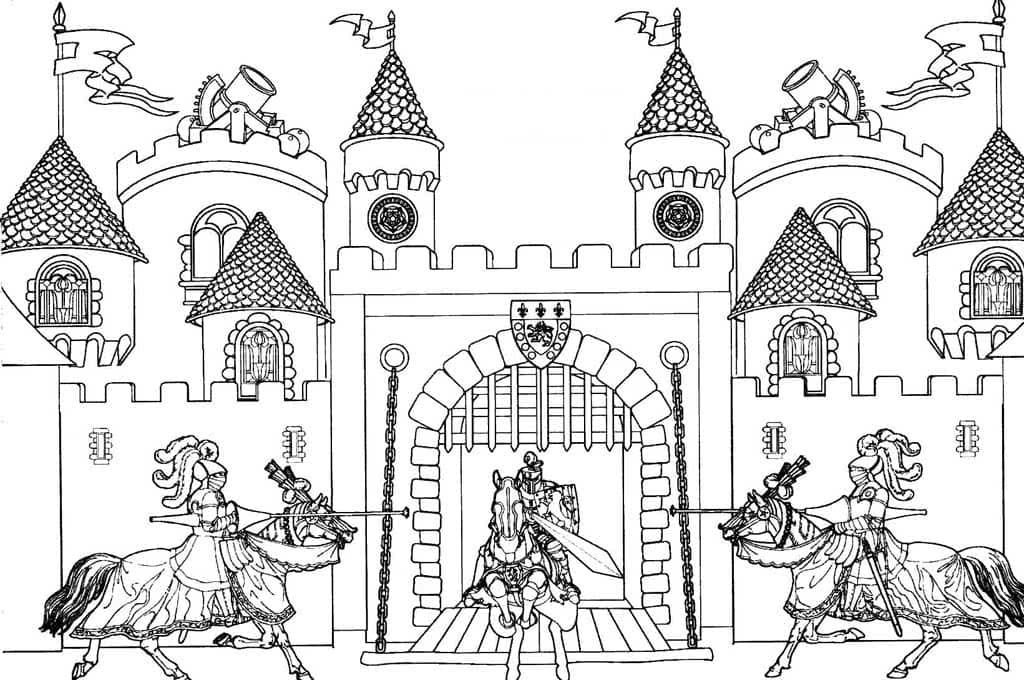 Los caballeros pelean cerca del castillo.