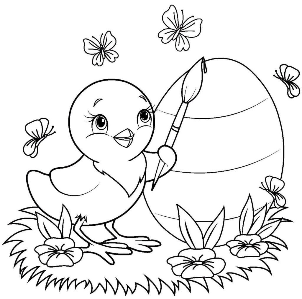 Pollo pinta un huevo para Pascua
