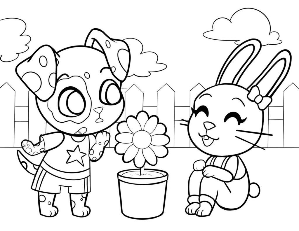 Un cachorro y un conejo plantando flores.