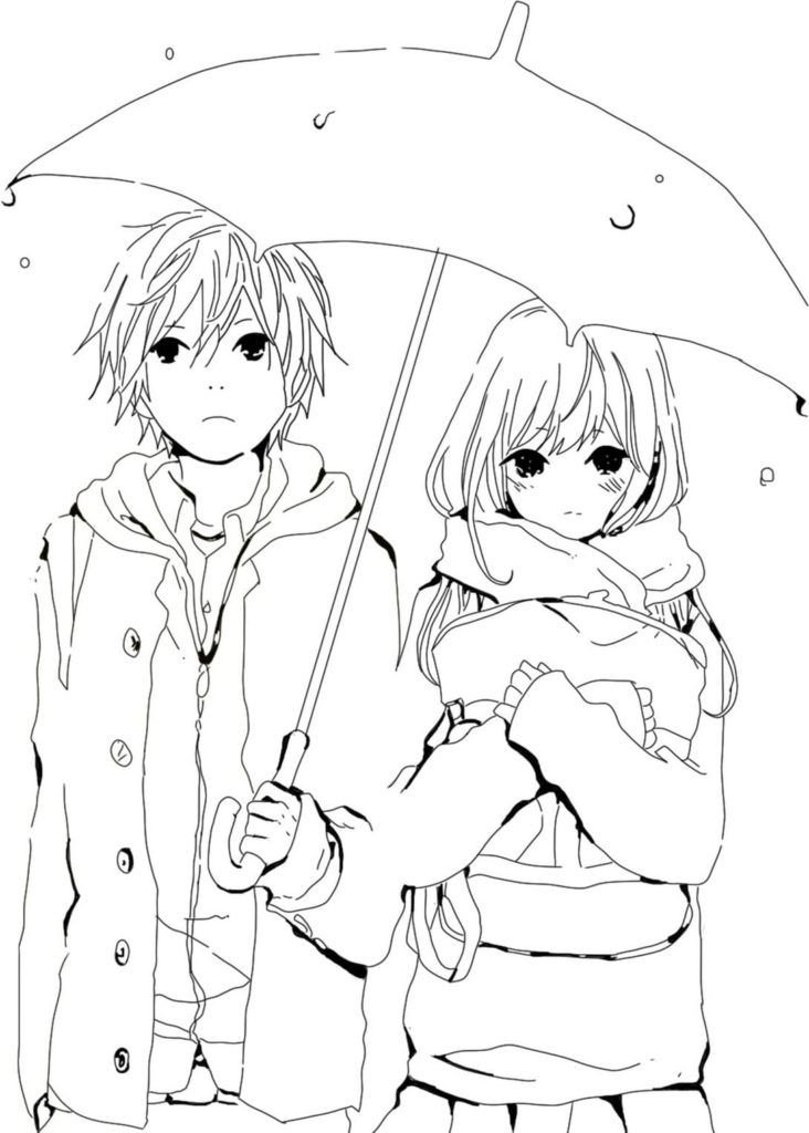 Niño y niña escondidos bajo un paraguas