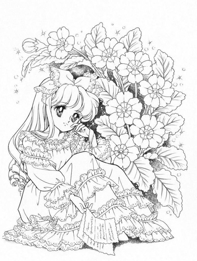 Chica anime y flores
