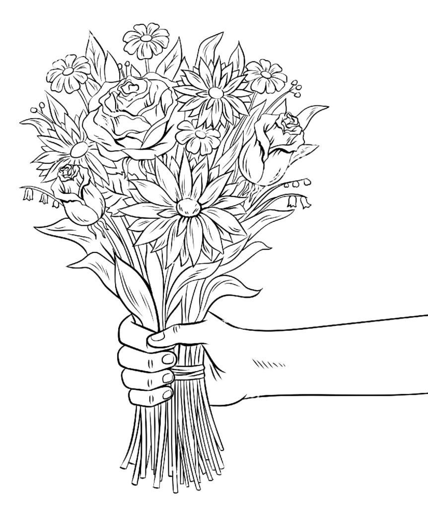 Un ramo de flores en la mano.