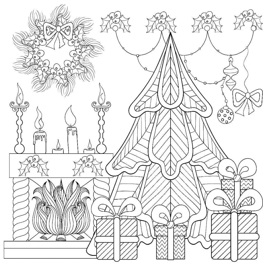 Interior de Navidad con chimenea, abeto y regalos.