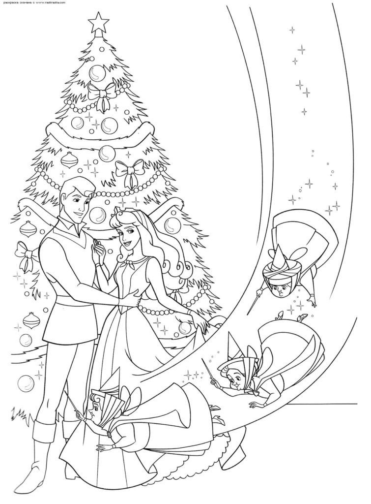 Hadas y princesas cerca del árbol de Navidad.