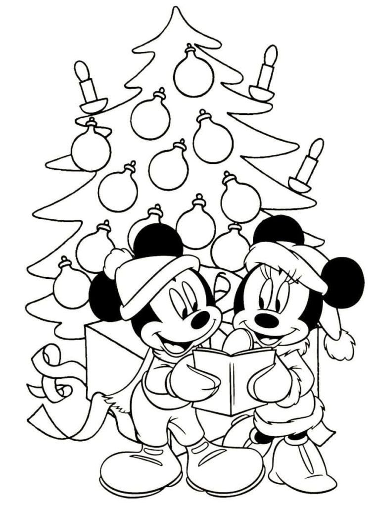 Mickey y Minnie Mouse cerca del árbol de Navidad