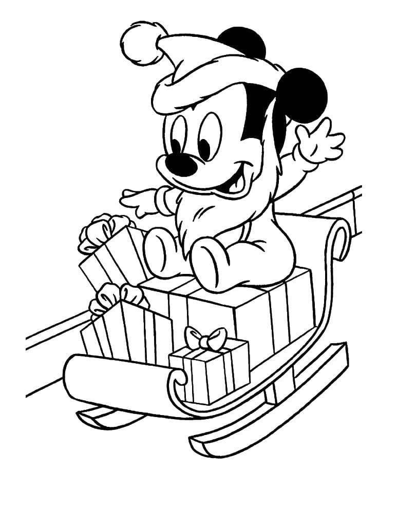 El pequeño Mickey Mouse lleva regalos en un trineo