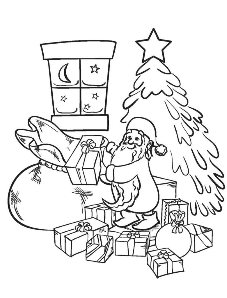 Santa Claus pone regalos en una bolsa