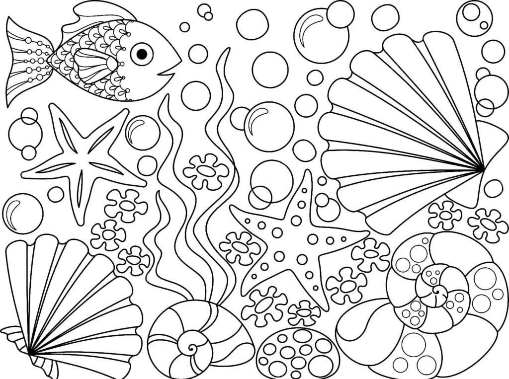 Conchas, estrellas de mar, algas, burbujas y peces pequeÃ±os.