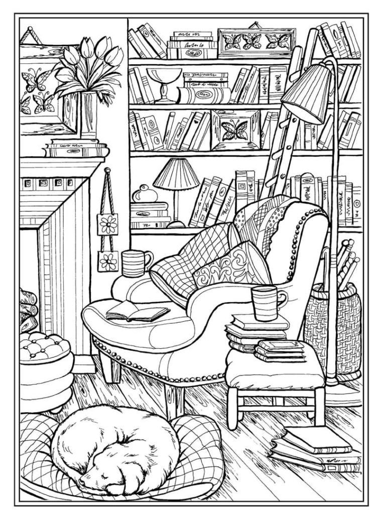 Una acogedora habitación con un perro dormido y muchos libros.