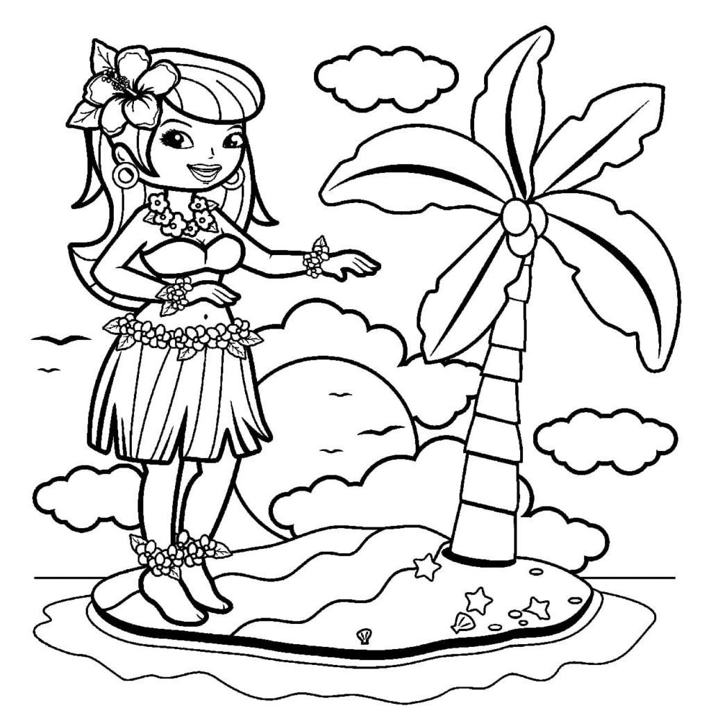 Chica en la isla con una palmera
