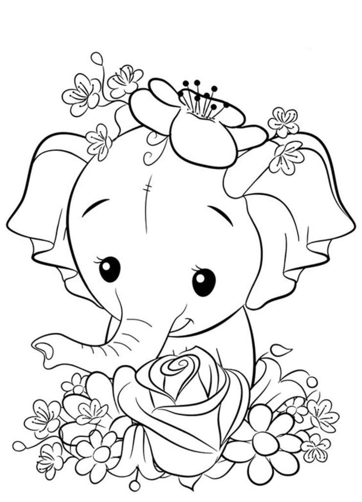 Flores y lindo bebé elefante