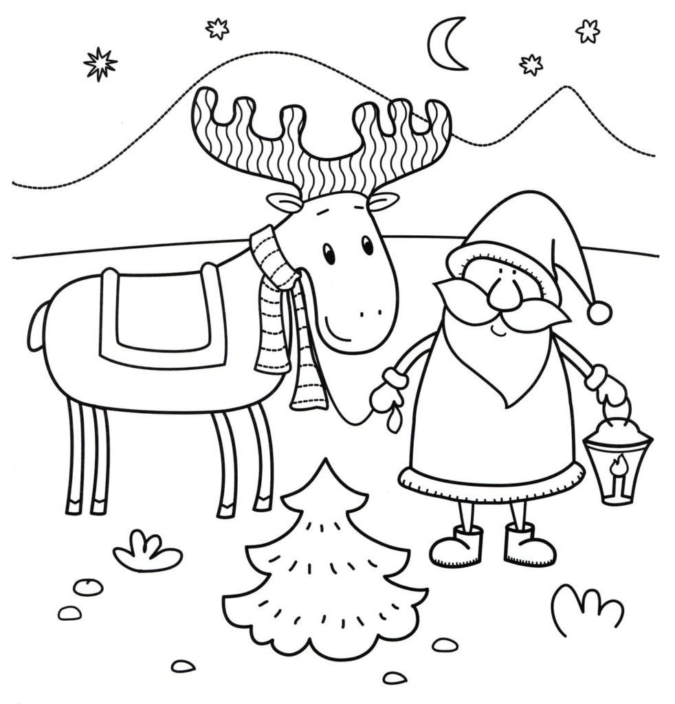 Santa Claus con un ciervo vino por un árbol de Navidad