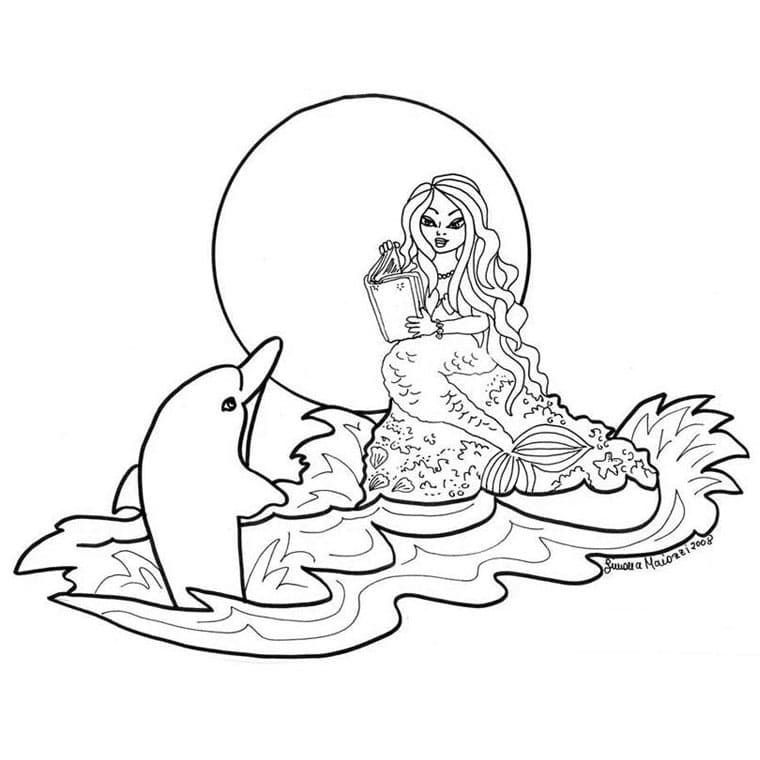 La sirenita lee un cuento de hadas al delfÃ­n.