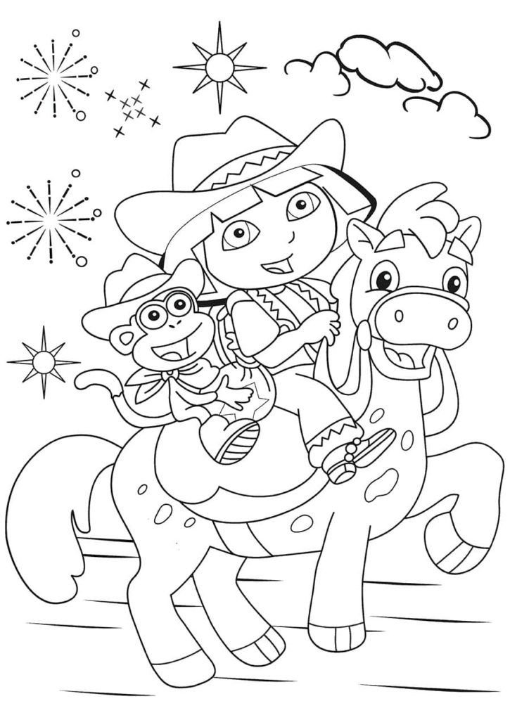 Dora y Botas montan a caballo