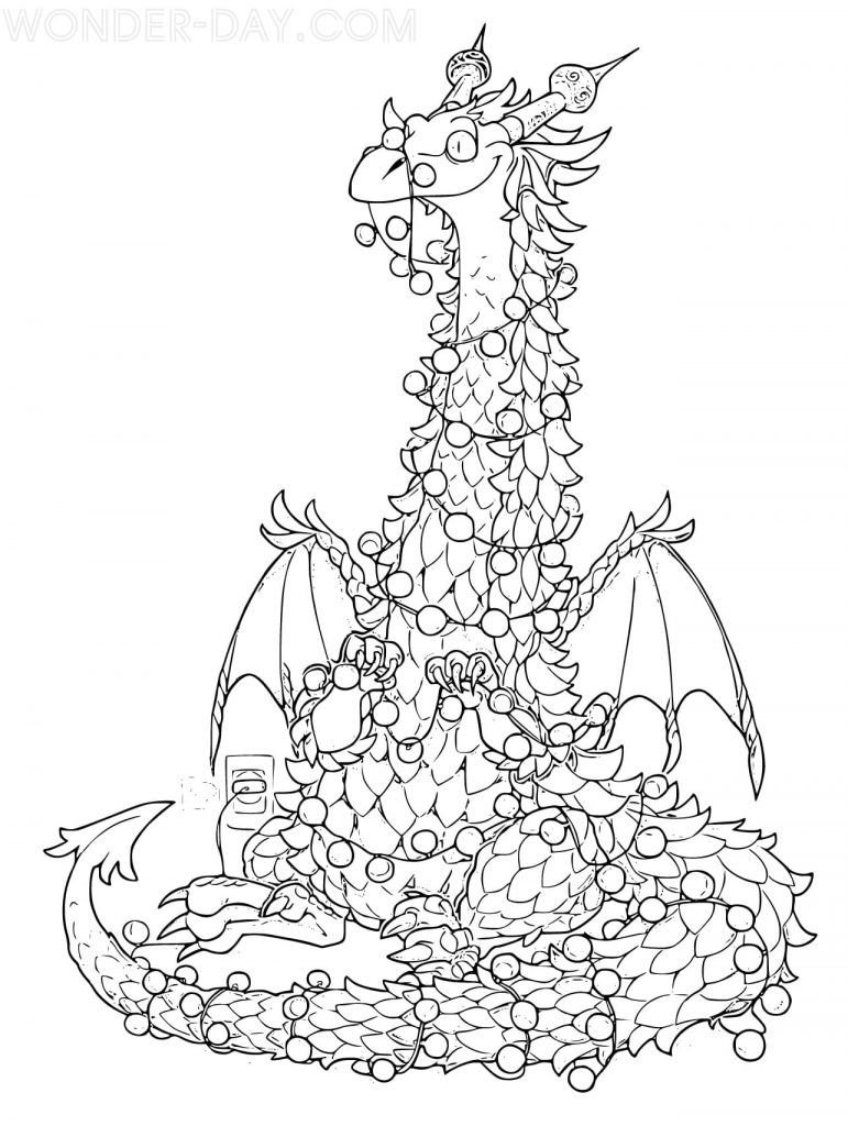 El dragón disfrazado de árbol de Navidad con guirnaldas.