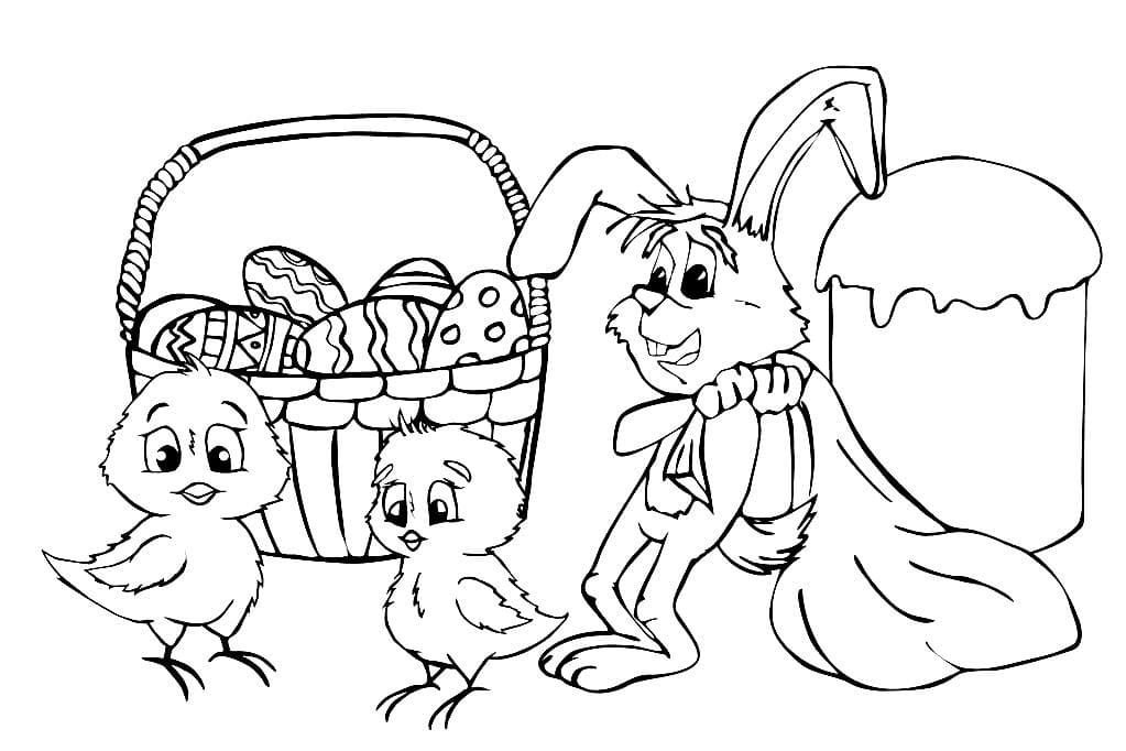 Animales y canasta con huevos de Pascua