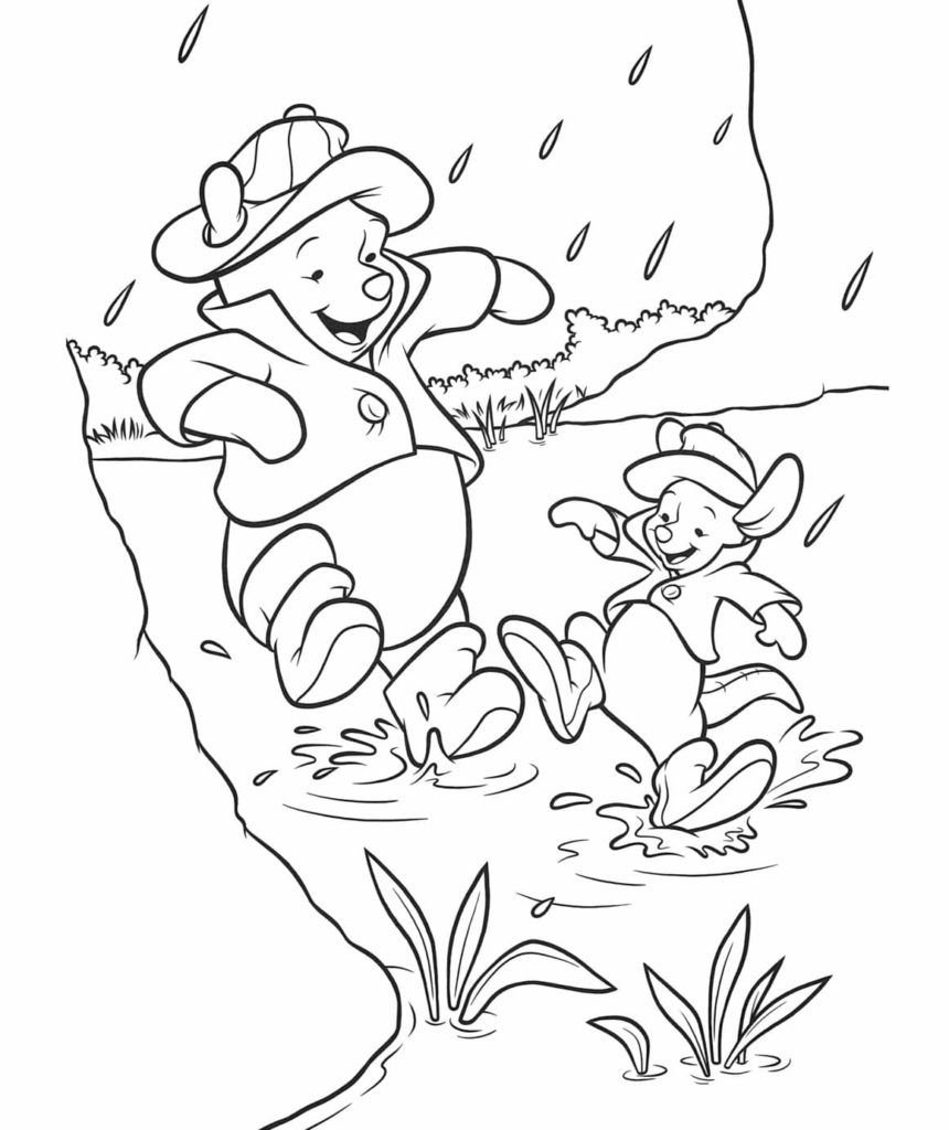 Winnie the Pooh y su amigo disfrutan de la lluvia otoñal.