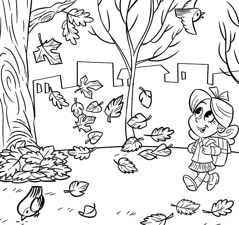 La niña camina desde la escuela y mira las hojas caer.