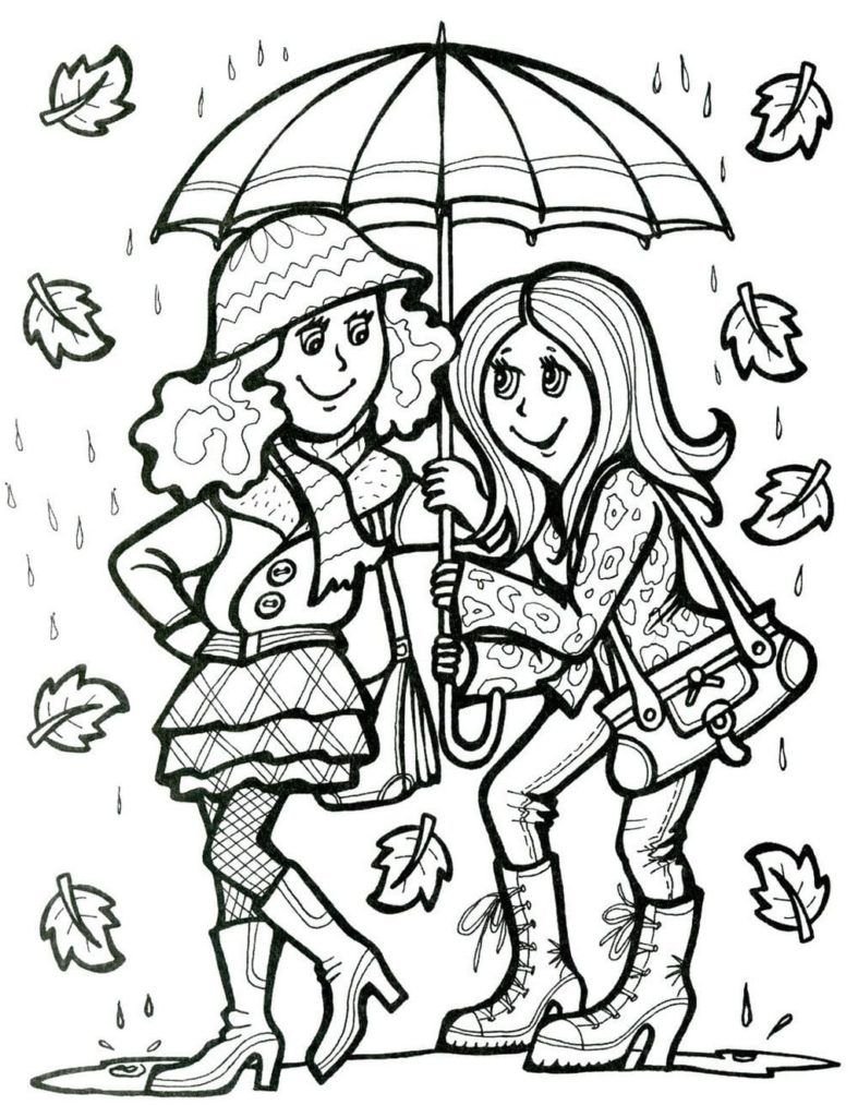 Las chicas no quieren mojarse y esconderse bajo un paraguas.