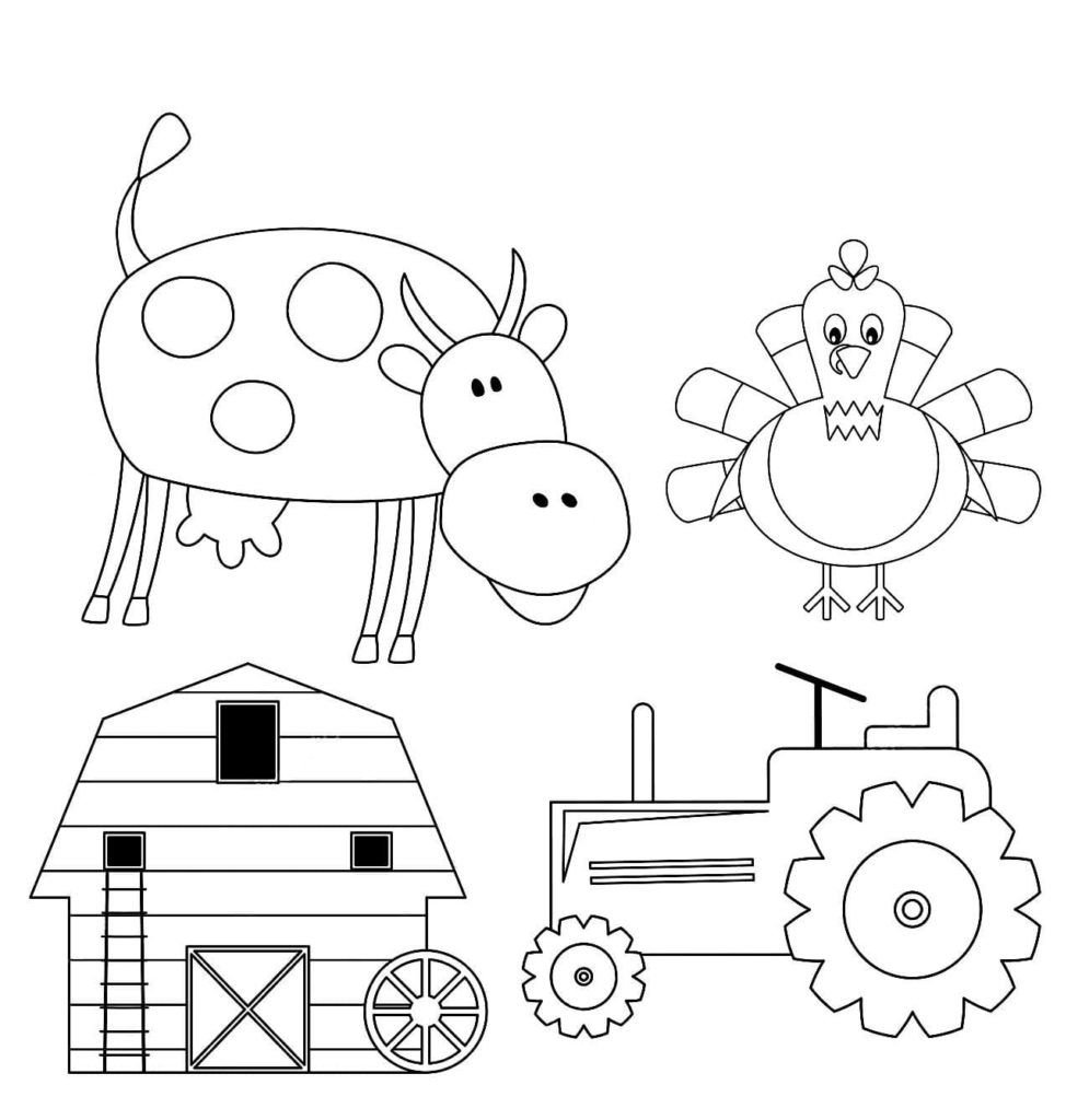 Vaca, pavo, casa, tractor