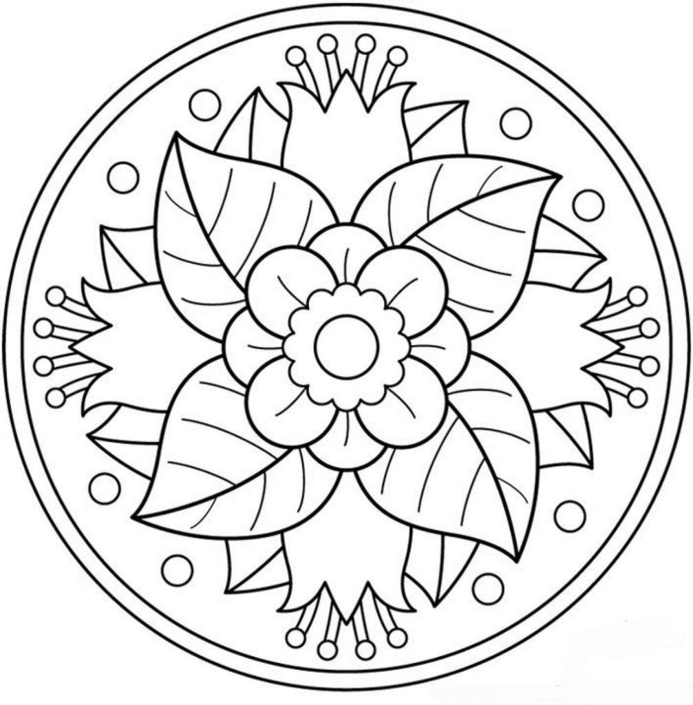 Mandala simple con flores y hojas.