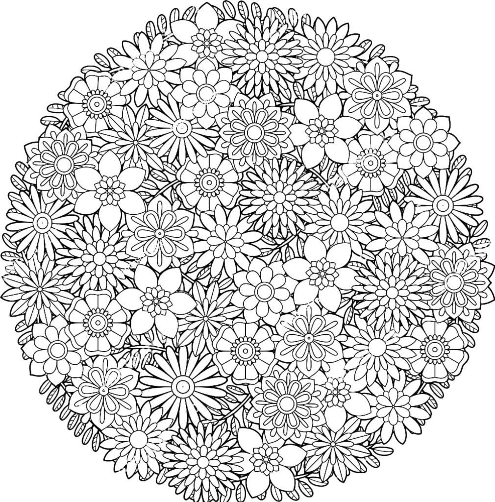Coloración compleja con flores en círculo.