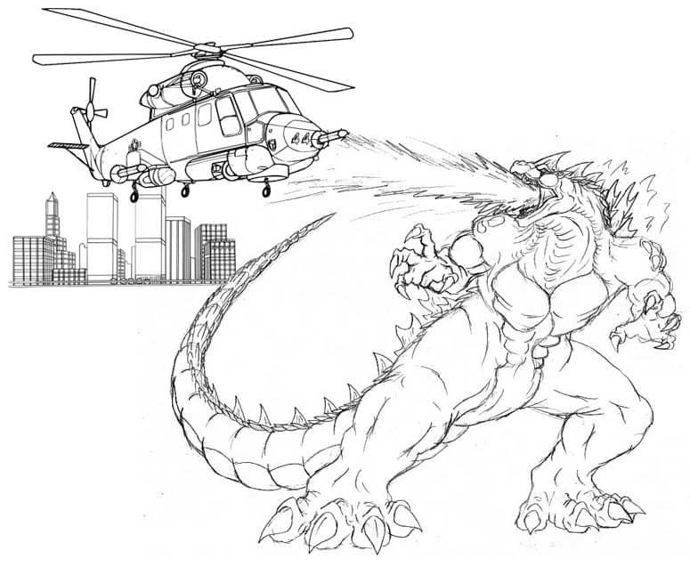 Godzilla atacando un helicóptero