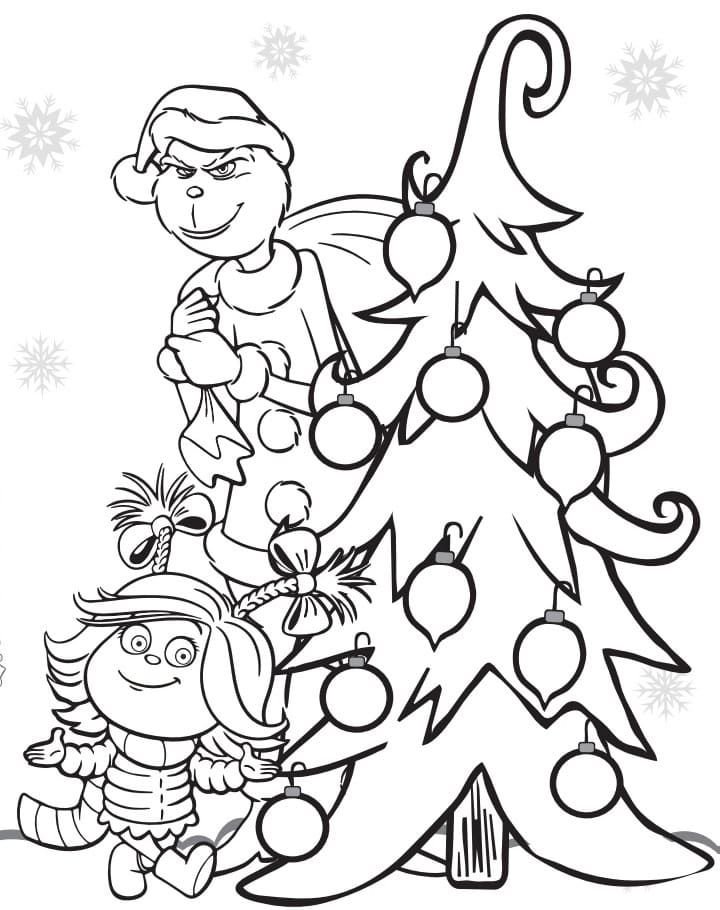 Grinch y Cindy cerca del árbol de Navidad