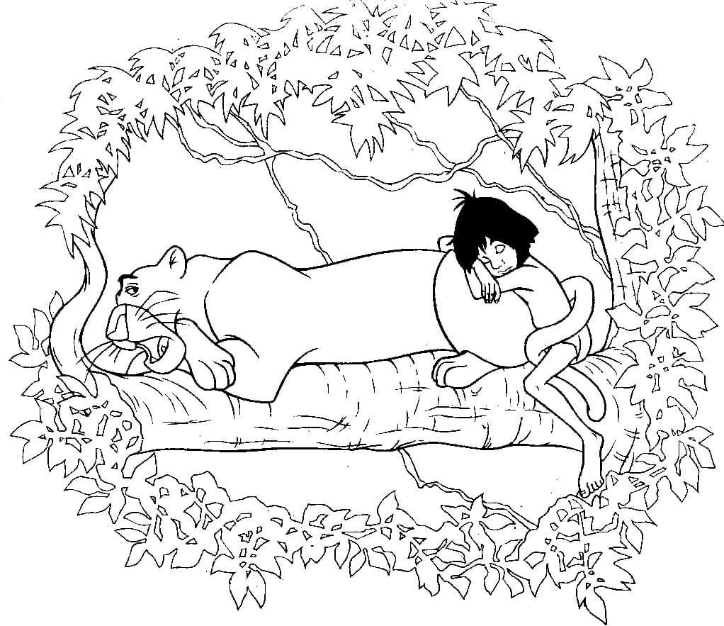 Mowgli y Bagira duermen en un árbol