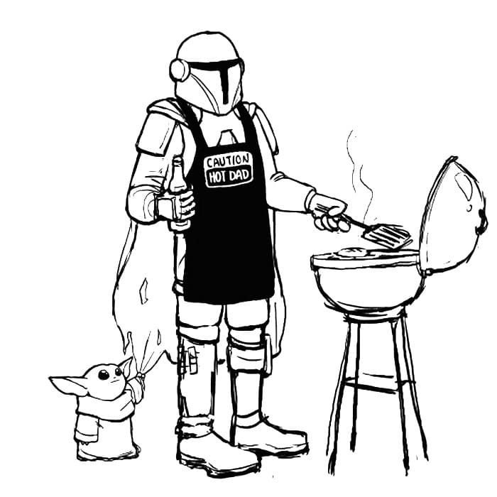 El mandaloriano prepara un bistec para su pequeño amigo