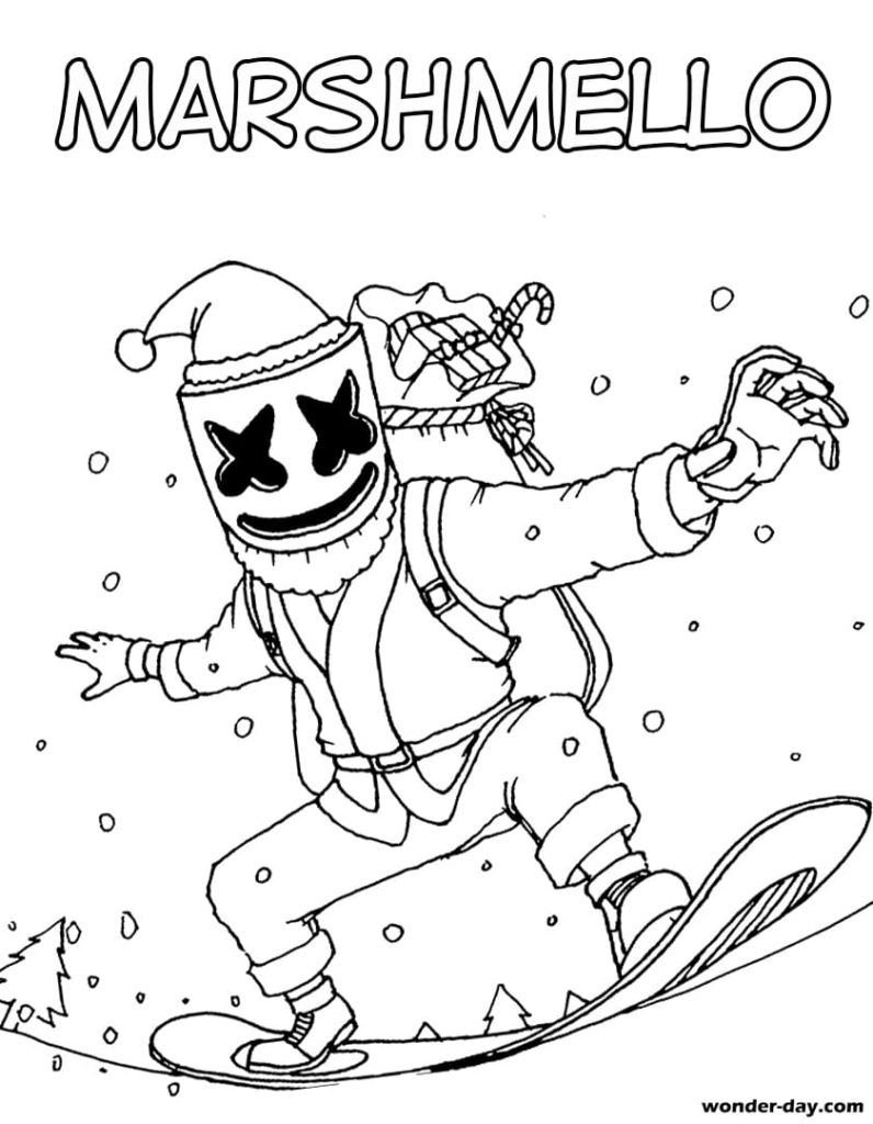 Marshmello en una tabla de snowboard