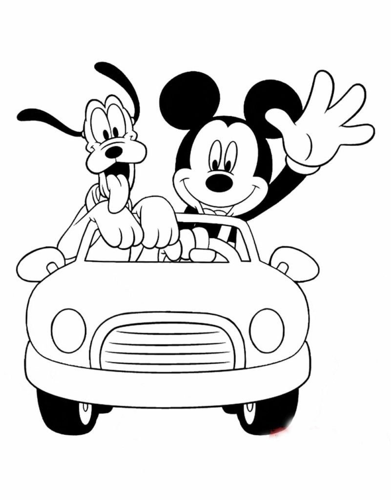 Mickey Mouse y Pluto en un coche