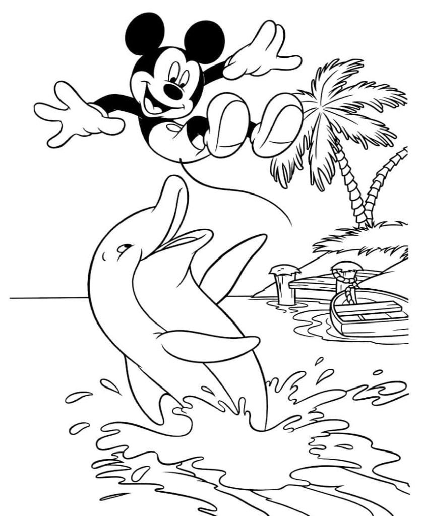 Mickey Mouse divirtiéndose con un delfín