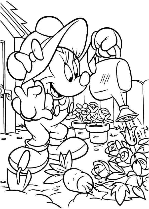 Minnie regando flores en el jardín