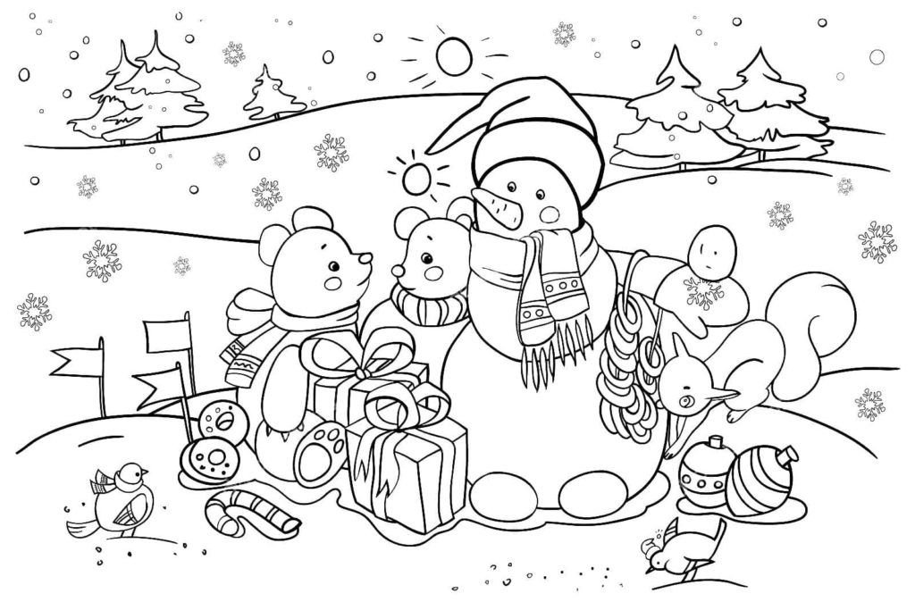 Animales y muñeco de nieve en el bosque de invierno.