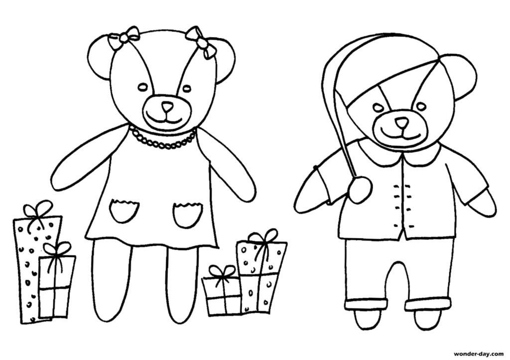 Osos con regalos. Página para colorear de año nuevo para niños de 4 años