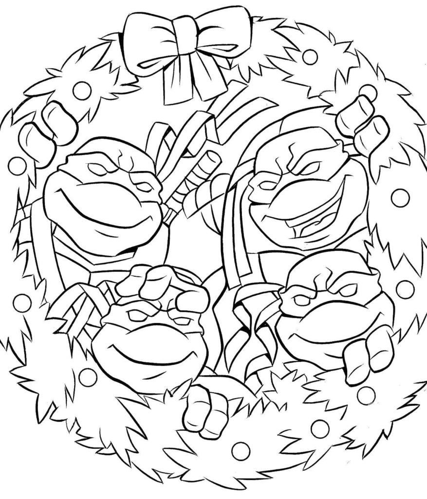 Las Tortugas Ninja mutantes adolescentes asoma de una corona navideÃ±a