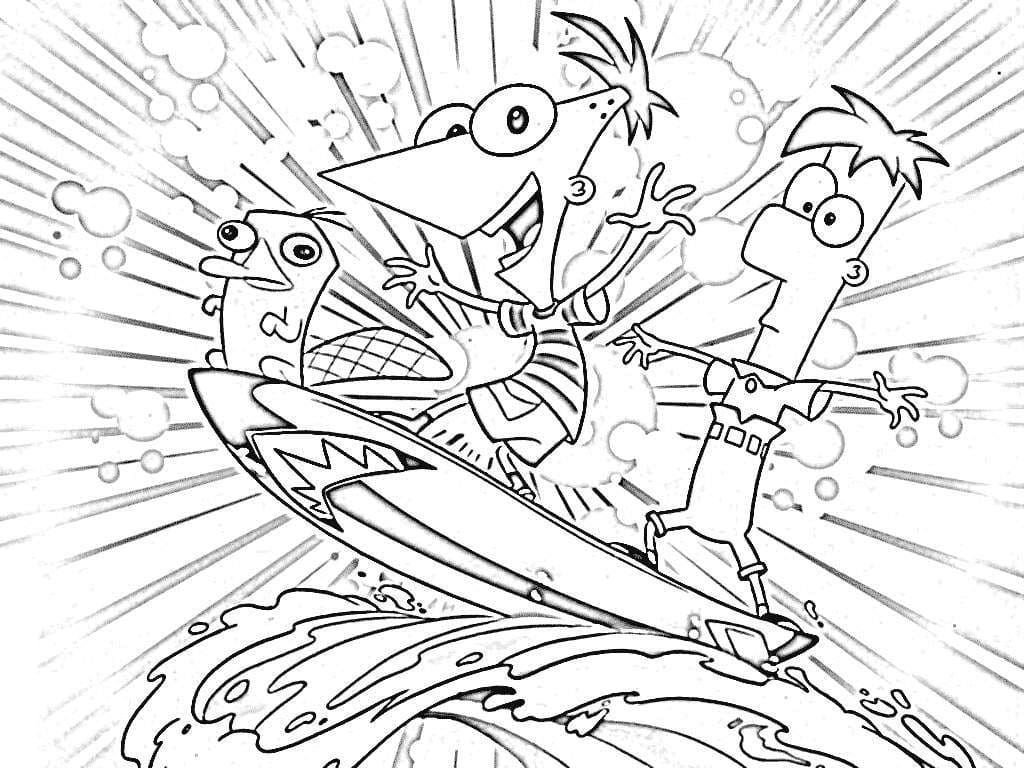 Phineas y Ferb surfeando con Perry