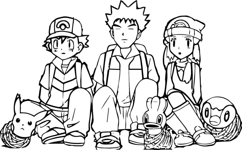 Ash con amigos y pokemon