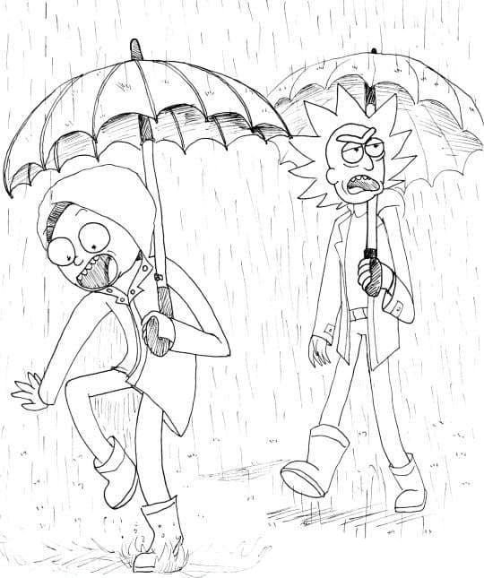 Rick y Morty bajo los paraguas