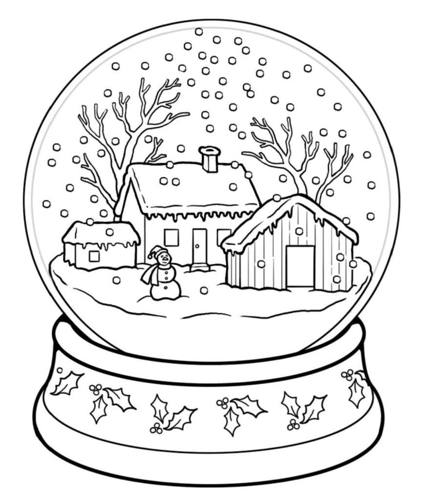 Bola de cristal con casas, un muñeco de nieve y nieve que cae dentro.