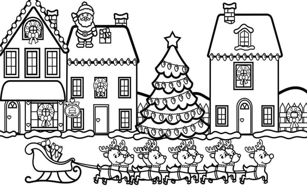 La casa grande de Papá Noel. Hay un elegante árbol de Navidad y un equipo de renos.