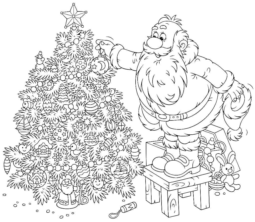 Santa decora el árbol de Navidad