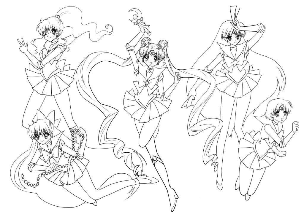 Dibujo de Sailor Moon y su tripulación para colorear