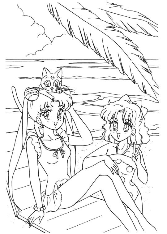 Sailor Moon, Saturno y la Luna en la playa