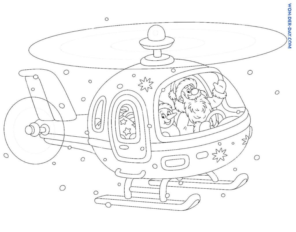 Papá Noel y un muñeco de nieve en un helicóptero.