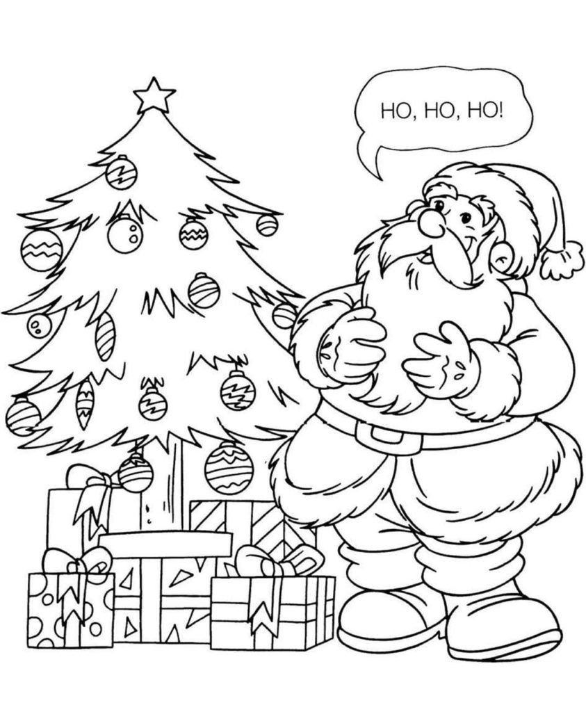 Papá Noel y árbol de Navidad con regalos.
