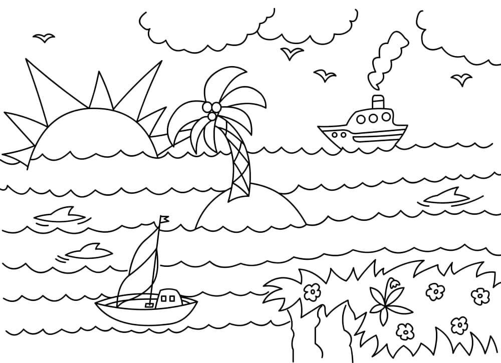 Verano, mar, sol, barco, palma