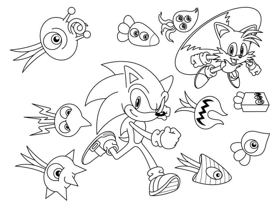 Sonic con un amigo rodeado de criaturas alienígenas de un solo ojo.
