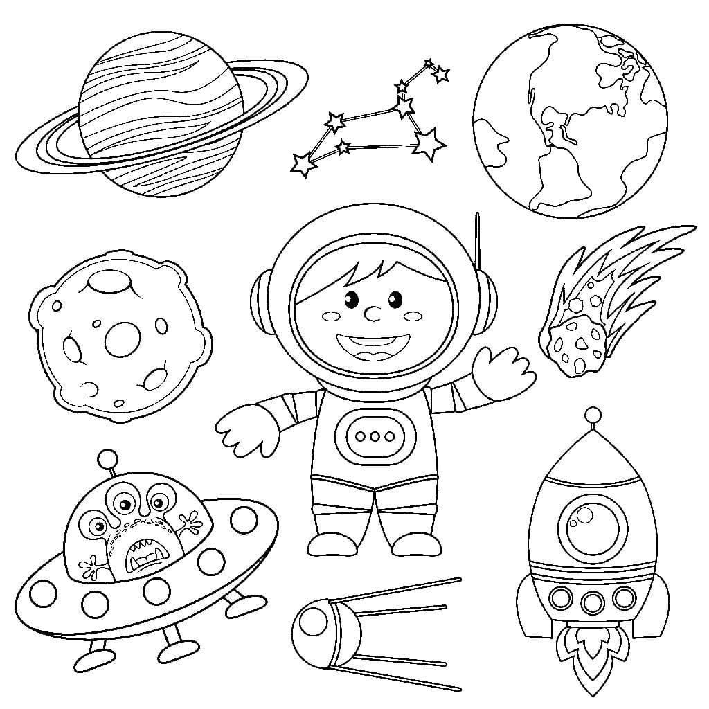 Astronauta, planetas, ovni, constelaciones